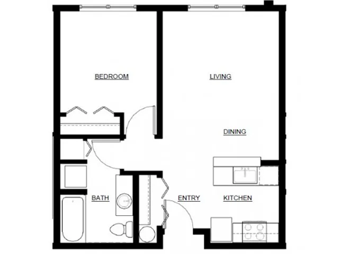 A black and white image of a floor plan for a small apartment.